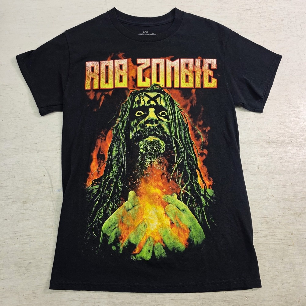 Rob Zombie Metal‎ Band T-Shirt Colorful Graphic Hands Blaze Flame Men's Sz S EUC